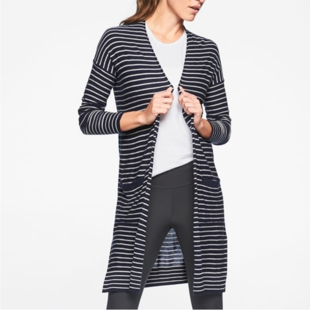 Athleta Retreat long-line cardigan navy/white stripes silk-cashmere blend casual